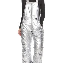 New silver metallic Womens Ski Snow Bibs Pants Insulated Overalls Snowboarding Waterproof rave space festival astronaut