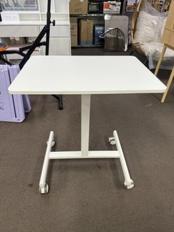 Height Adjustable Mobile Desk with Locking Wheels - Portable Standing Desk for Home Office, White