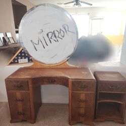 Vintage Early 1900's Vanity. Desk. Side Table & Round Mirror. Stamped. ANGEL US FERN. MFG. CO. 2062