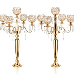 Tessco for you 2 Pcs 5 Arm Crystal Candelabra Centerpieces for Tables 29.5 Inch Gold Candle Holders for Table Centerpiece Tall Crystal Candle Holders 