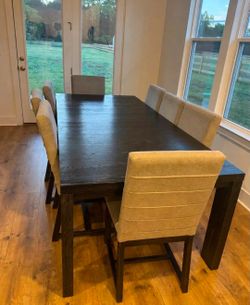 Dark Wood Dining Table Set with 8 Upholstered Chairs