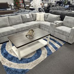 Gray Sofa Sectional w/ Console & Outlet 