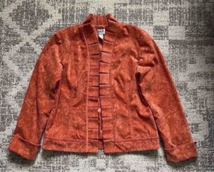 Chico’s Orange Brocade Embossed Bohemian Corduroy Open Ruffle jacket- size 1 (Medium)