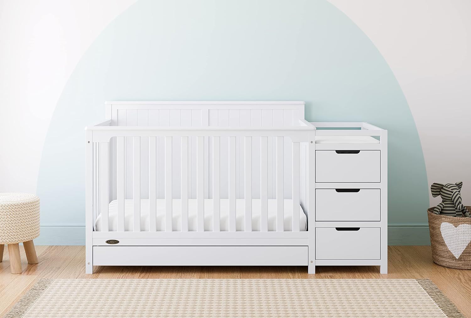 Graco Hadley 5-in-1 Convertible Crib and Changer with Drawer (White) – GREENGUARD Gold Certified, Crib and Changing Table Combo with Drawer