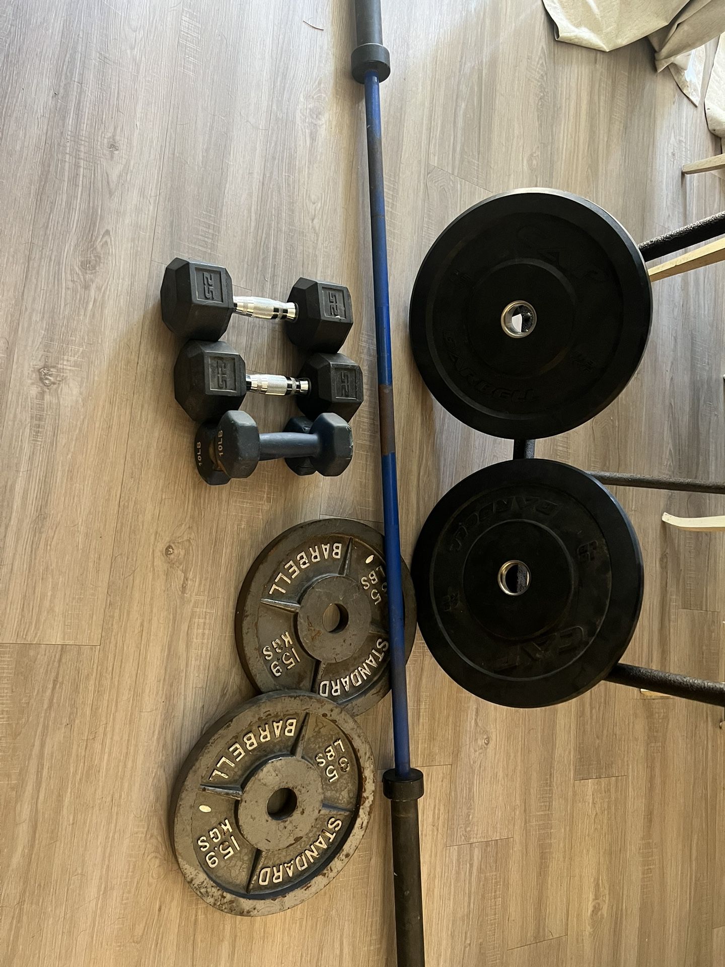 Gym Equipment, Olympic Bar, Plates, Dumbbells