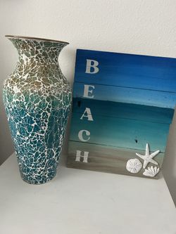 Hand Painted Coastal Art by Jessie Mae $20 each. Beach one 16”L x 13”W and the other one 22”L x 14”W.  New Mosaic Vase 16”L x 9”Dia  $35. Pick up in P