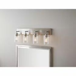 Hampton Bay Regan 29.13 in. 4-Light Brushed Nickel Vanity Light with Clear Glass Shades