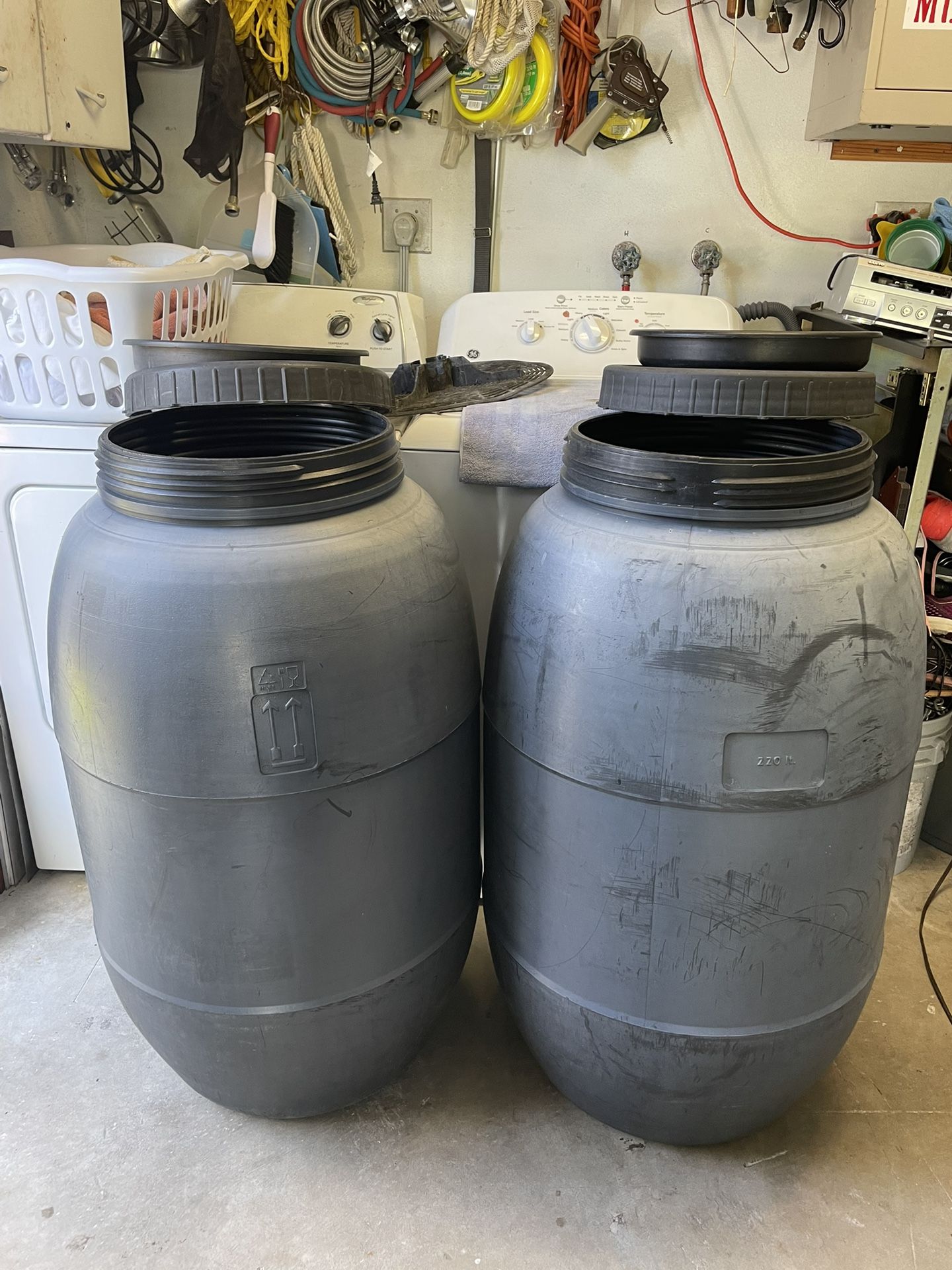 2 Rain Barrels, 55 Gallon storage containers With Lids Excellent Shape, Clean No Holes