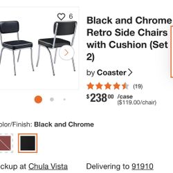 New In Box Black and Chrome Retro Side Chairs with Cushion (Set of 2) Vintage Diner Theme 
