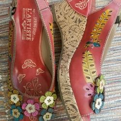 New Spring Step Ted Leather Wedge Heel Flowers Size 41 9.5-10 Women's 