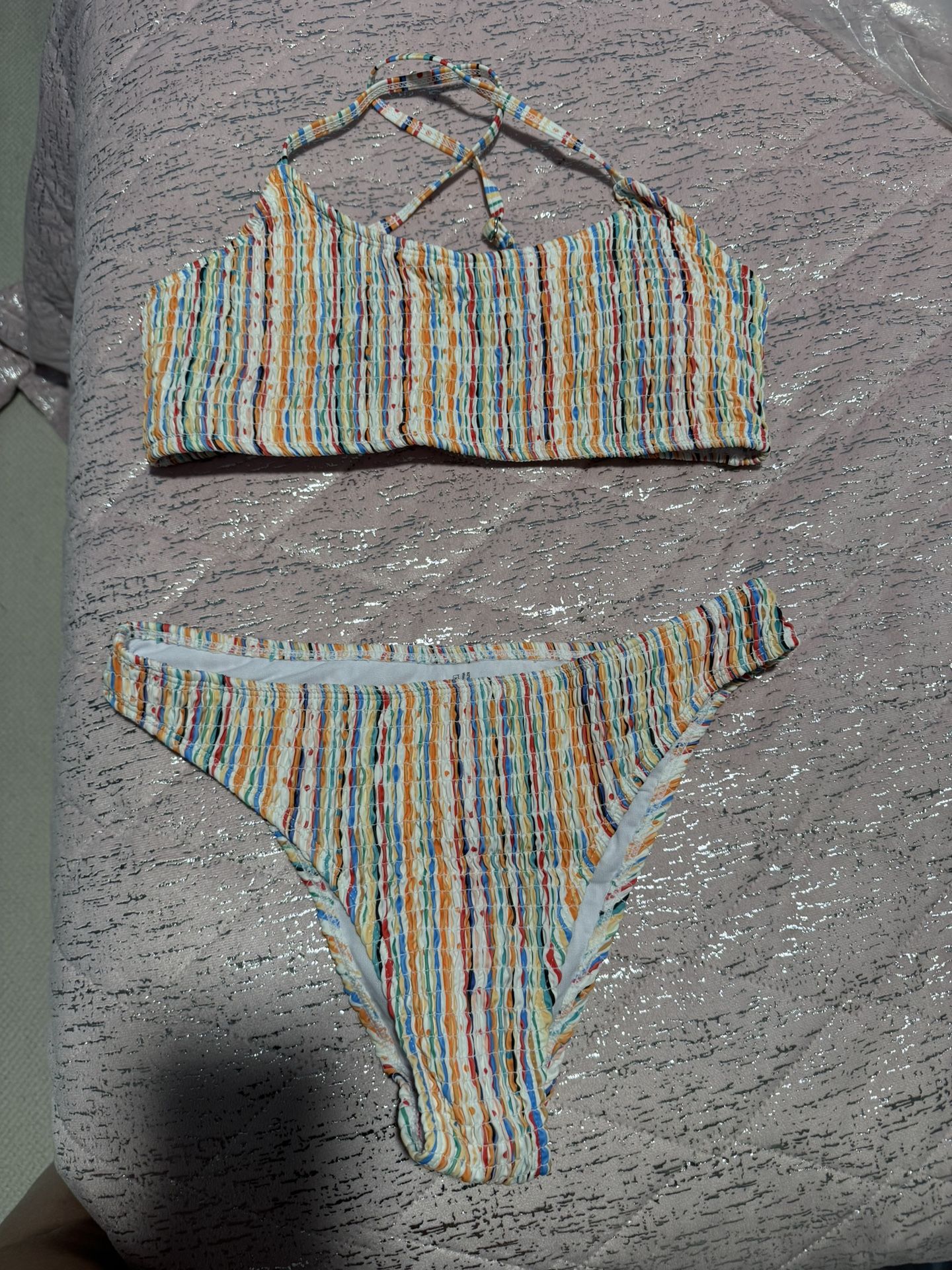 Women's Two-Piece Bikini Set, Multi-Color Stripe Print, High Cut Bottoms, Summer Beachwear, Adjustable Straps, Swimwear