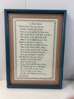 Cross Stitch Sampler Featuring Poem To His Mother About His Mother In Law Mother’s Day Vintage Signed Framed Dated 1986