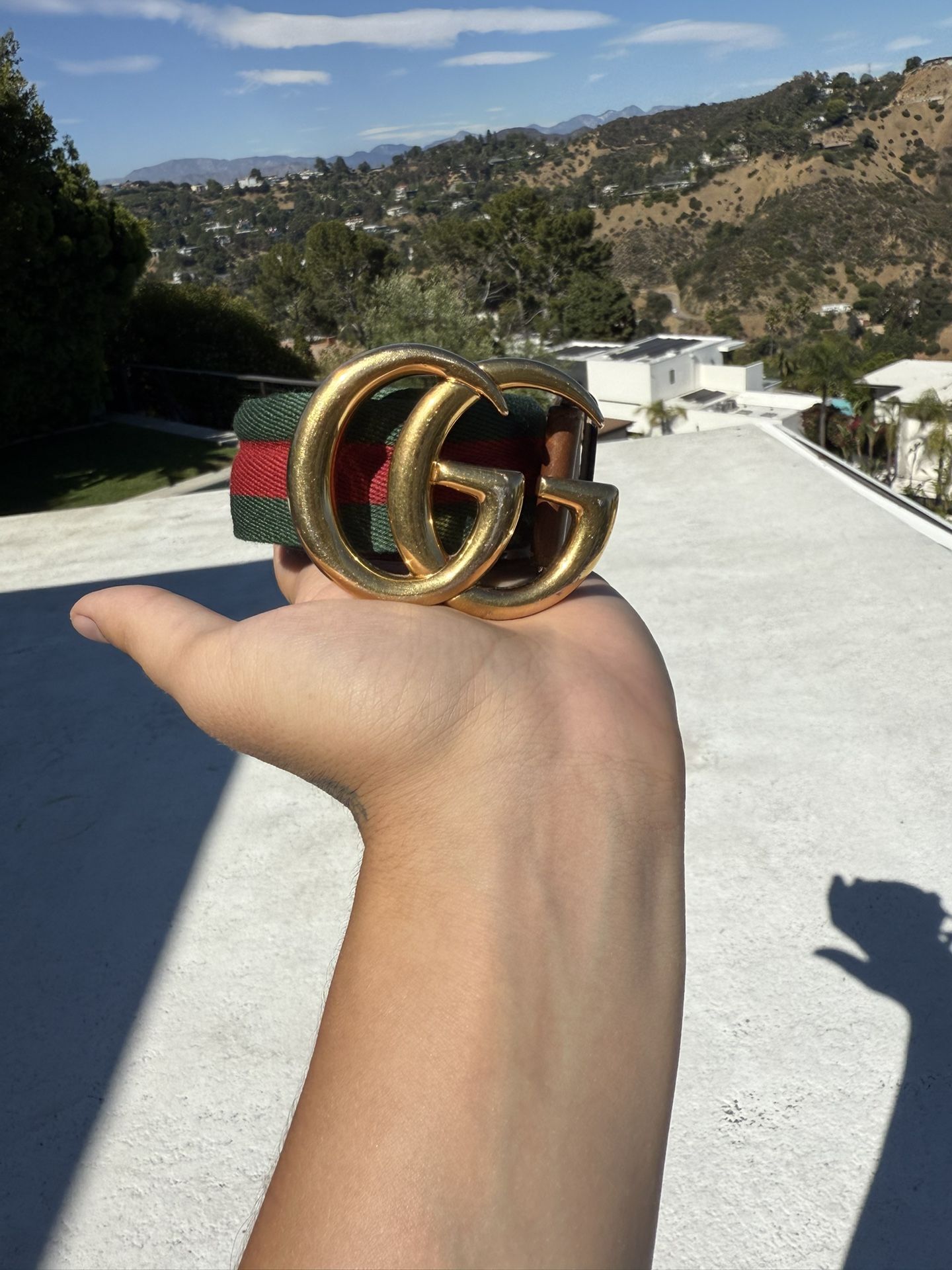 GUCCI Nylon Calfskin Double G Web 40mm Belt Green Red
