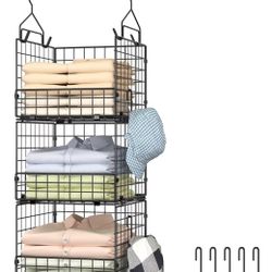 Sonyabecca 3-Tier Hanging Closet Organizer, Foldable Cabinet Wire Storage Basket Bins with 5 S Hooks, Closet Shelves & Hanging Closet Shelf for Clothi