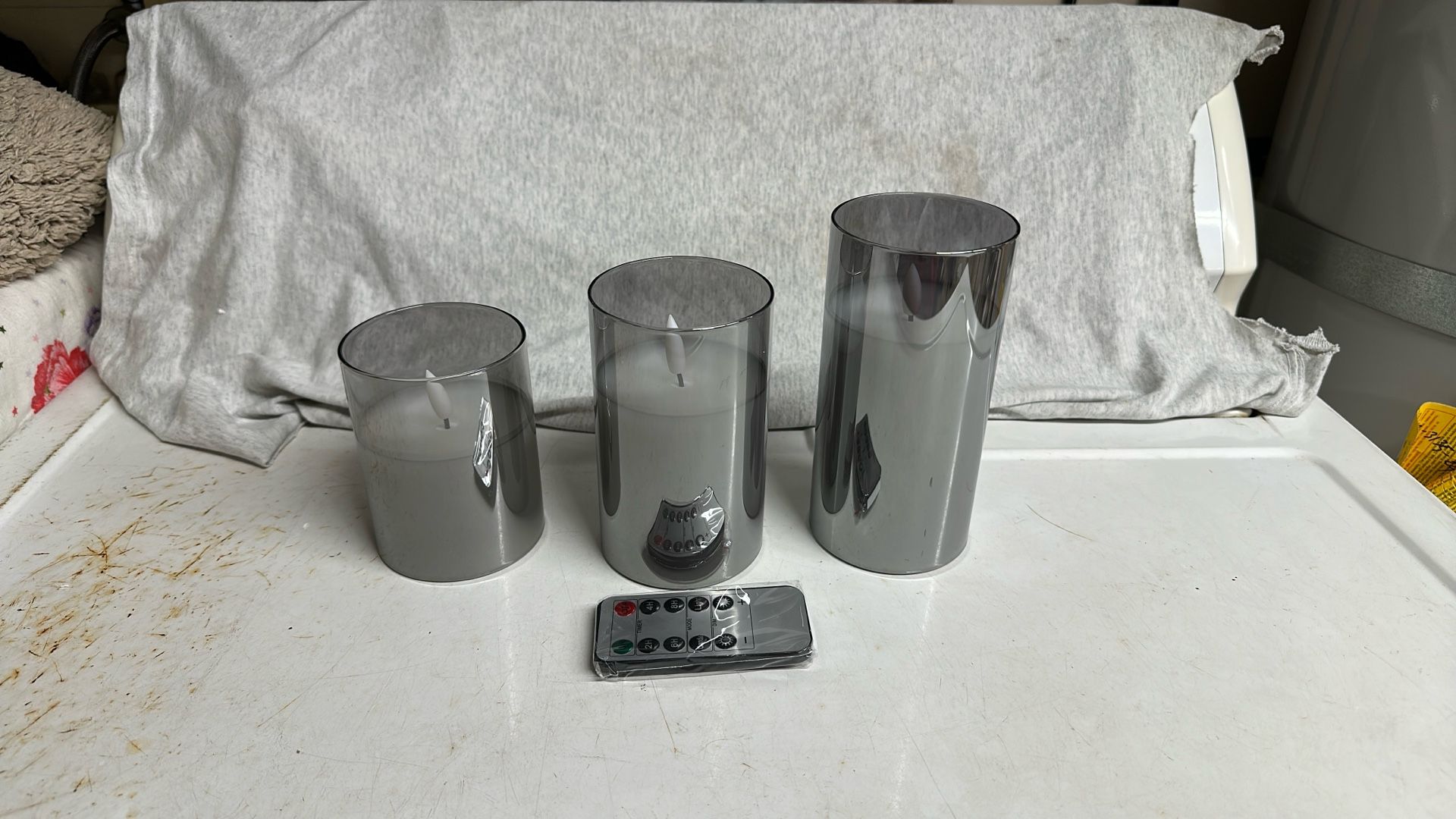 Grey Glass Flameless Candles, Battery Operated LED