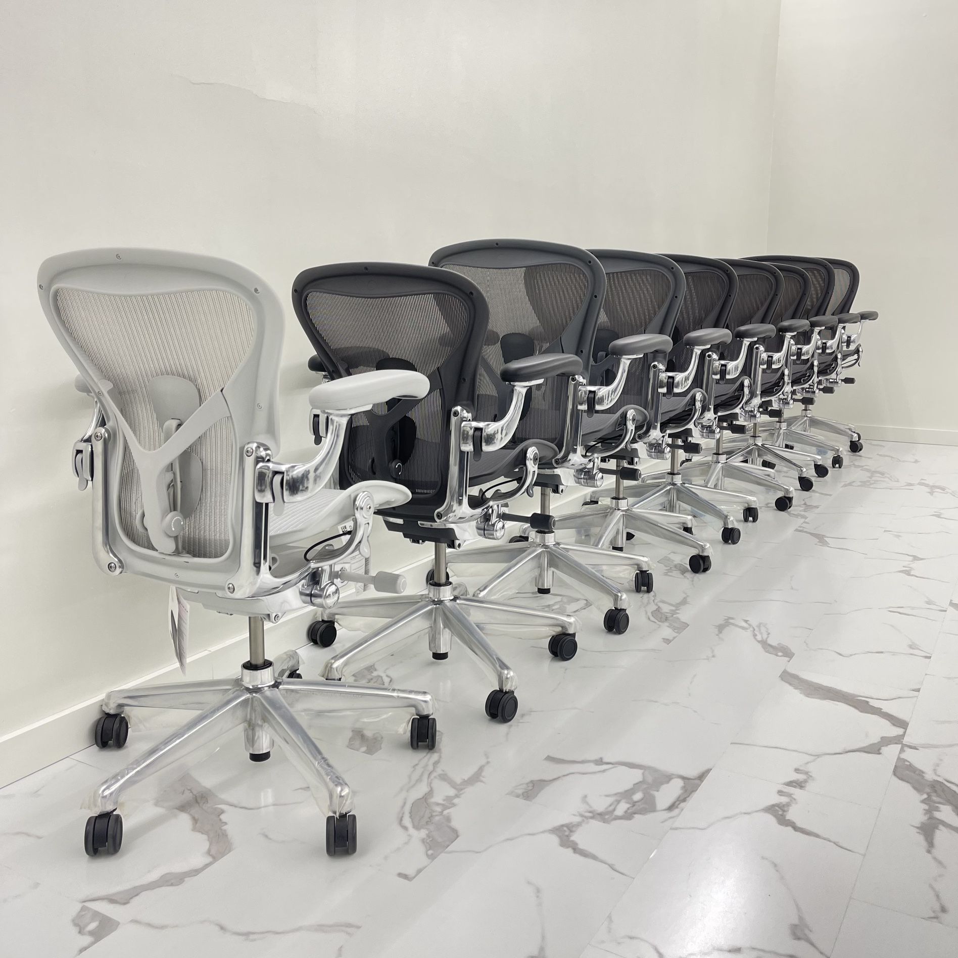BRAND NEW HERMAN MILLER REMASTERED AERON CHAIRS SIZES A,B & C! FULLY LOADED POLISHED ALUMINUM WITH POSTURE FIT SL!