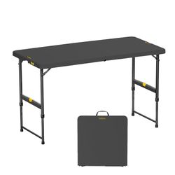 4ft Portable Folding Table, One-Handed Height Adjustment, 4 Heights, Gravity Lock, Carry Handle, Indoor Outdoor Heavy Duty Fold-in-Half Util