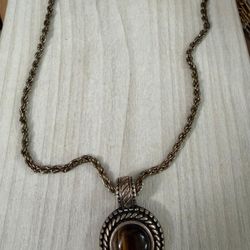 Cadena Stainlend Trenzado D ije Piedra Ojo Tigre Joyería Antigua 
