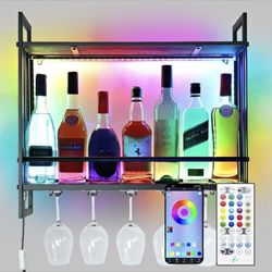 LED Wine Racks Wall Mounted, Remote Control and 5 Stem Wine Glass Holders, 23.6