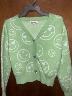 girls cardigan sweater - size 7/8 green smiley face 