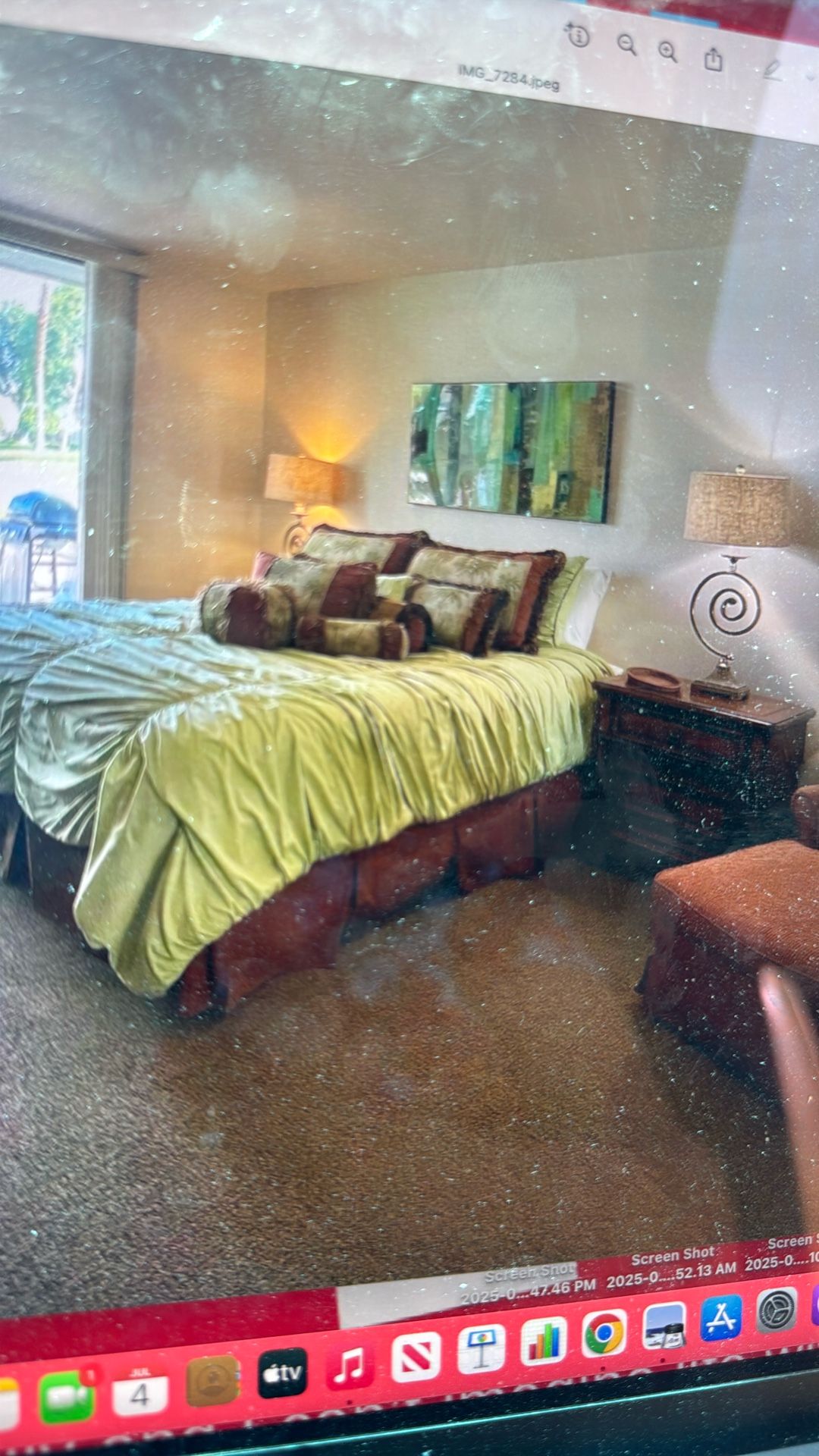 King Bed With Linens And custom Bed Skirt, Pillows And Shams