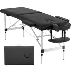 Massage Table Portable Massage Bed Height Adjustable Spa Bed 2 Fold Facial Tattoo Salon Bed W/Face Cradle Carry Case (Black)