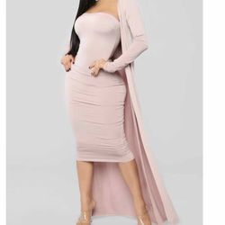 Pink Tight Curvy Dress Set w/ Cardigan For Brunch