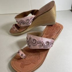 Rebels wedge sandal heels Pink Satin with sequins & leather size 7 M