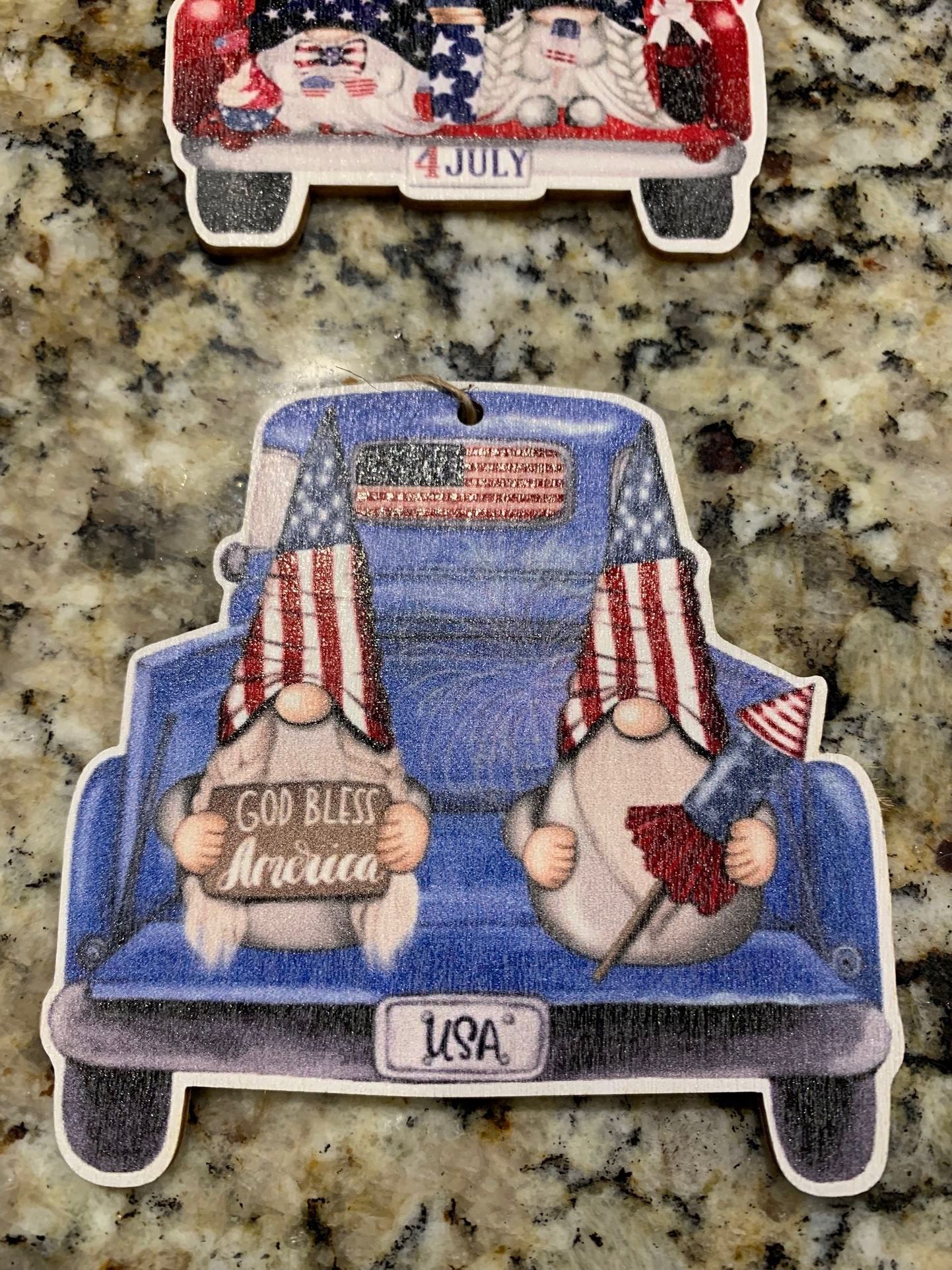 6 Pc Gnomes Solid Wood Patriotic Hanging Decorations With Male/ Female & Truck Designs, Or Just Place On Table, Almost 4 Inches Tall