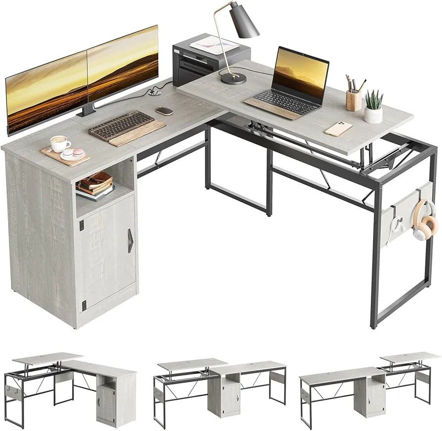 Bestier L Shaped Standing Desk Adjustable Height, 60" Corner Computer Desk with Storage File Cabinet, 95.2" Long and Large Reversible Office Desk with