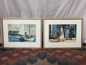 “Man at Market” & “Under Sail” Framed Watercolor Prints by Max Johnson (Set of 2)