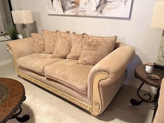 Sofa and Loveseat Set – Beige Chenille with Carved Wood Trim