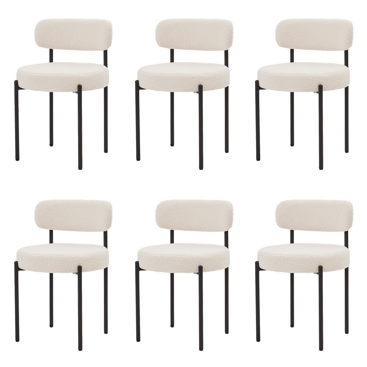 Dining Chairs Set of 6, White Boucle Dining Chair, Curved Backrest Upholstered Dining Room Chairs with Black Metal Legs, Mid Century Modern Dining Cha