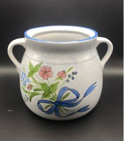 VTG N.S. Gustin Co. Pot Hand Decorated USA Blue Ribbon w/Pink & Blue Bouquet of Flowers - No Lid