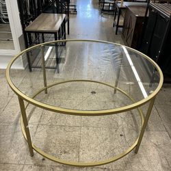 VASAGLE Round Coffee Table Steel Frame w/ Tempered Glass - Gold