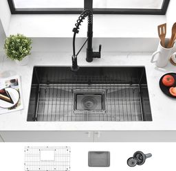 32-inch Undermount Workstation 16 Gauge Stainless Steel Single Bowl Kitchen Sink, Black Soundproof Preparation Sink, Includes Drain Kit (Bl