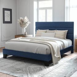 Blue Fabric Queen Bed Frame