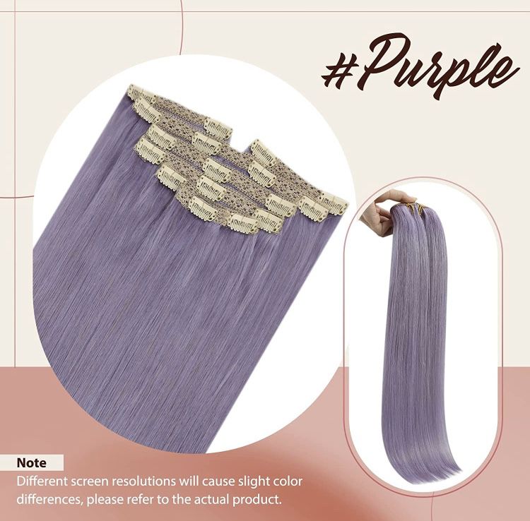 Purple Clip in natural Human Hair Extensions 7pcs 120g 20inch