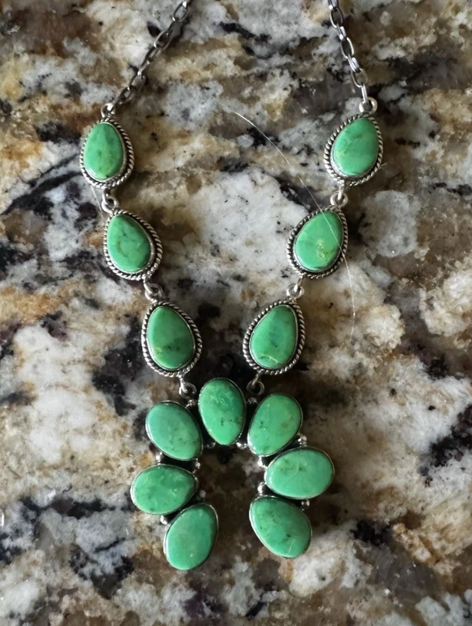 Petite 22” long Green Turquoise Sterling Silver Necklace 