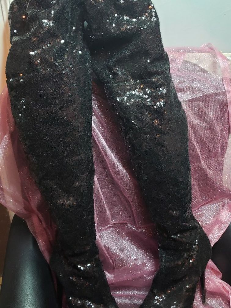 Black Thigh High Sequins Boots