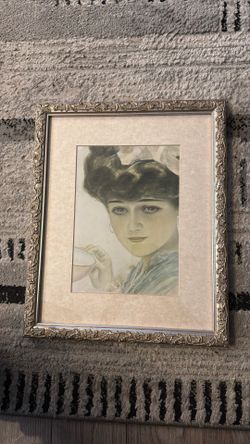 Framed Belle Époque portrait print of a woman with a teacup.