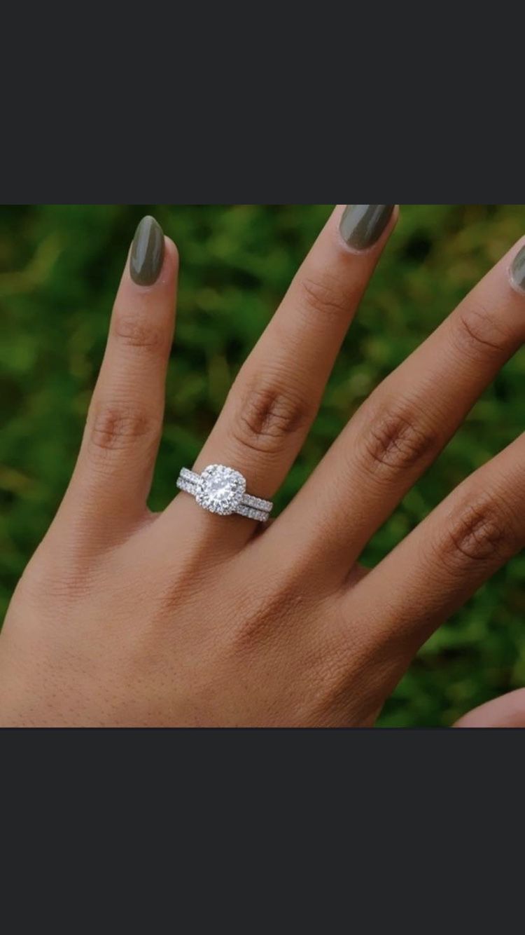 2 pc set- silver princess round cut diamond ring. Engagement wedding anniversary birthday valentines gift