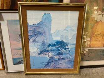 Leather and Gold Framed Blue Washed Mountians Print