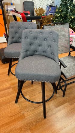 Gray Tufted Upholstered Swivel Bar Stools – Set of 2