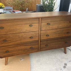 New Mid Century Dresser.  Pine Wood / Walnut Finish.  (190 Lbs).  61” X 17”Dx36”H.  Free Delivery!