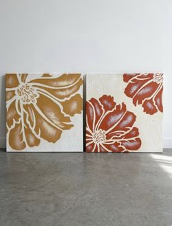 Pair of Large Pier 1 Textured Floral Canvases - Rust & Ochre