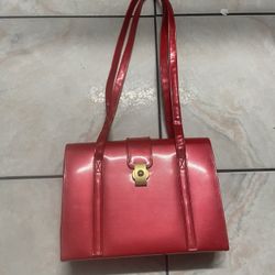 Vintage 1950s Red Patent Leather Purse or Shoulder Bag with Gold Tone Hardware. Sustainable Fashion