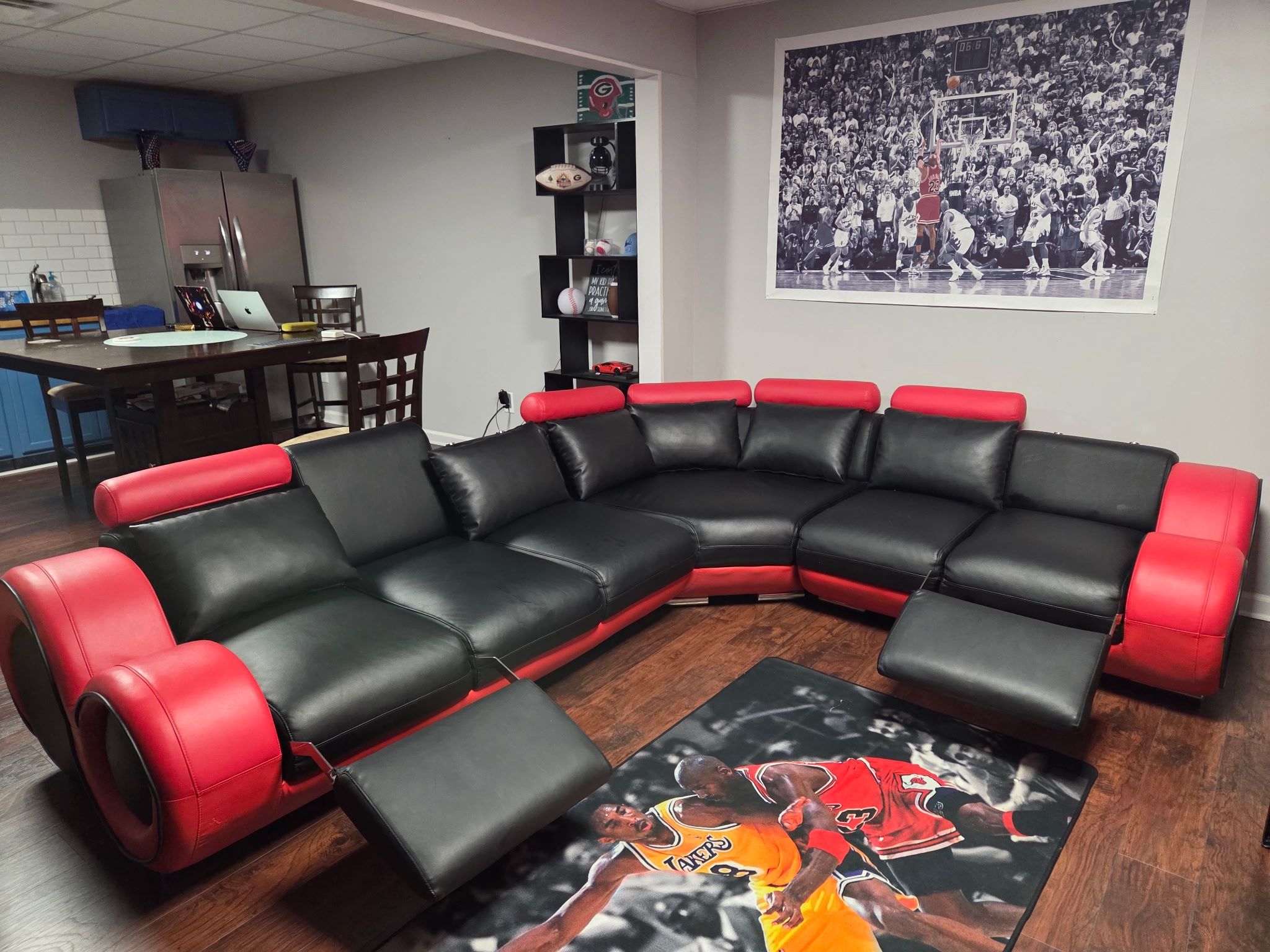 Red And Black Modern Leather Sectional Sofa - Adjustable Footrests, Tray & More!