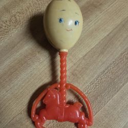 Vintage Plastic Baby Rattle with Red Rocking Horse - Retro Toy Collectible