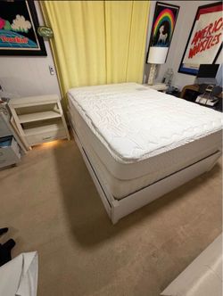 Queen bed, night stands, and stackable cubby benches